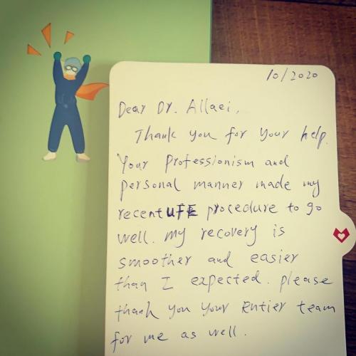 Patient testimonial thank you card after UFE